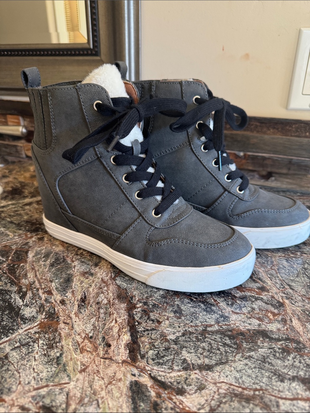 Indigo Gray Wedge Sneaker Boots with Black Laces